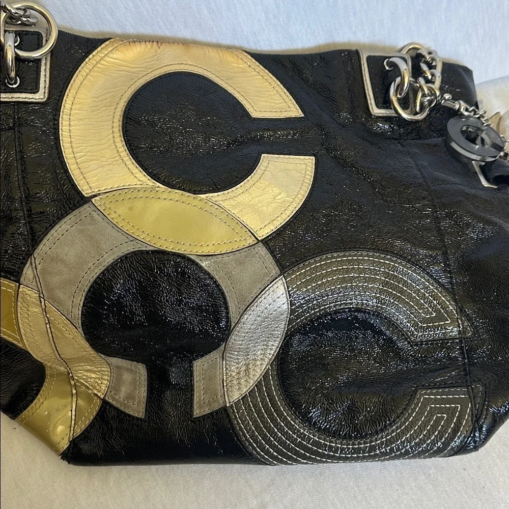 Coach Vintage “C” Signature Inlaid Black Gray Gold Patent Leather Peyton Tote